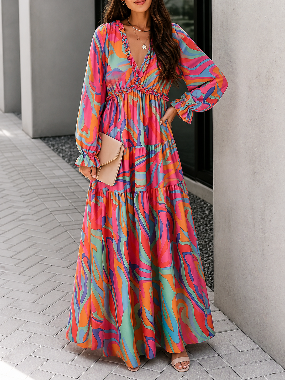 Women’s Long Sleeve Maxi Dress with V-Neck and Tiered Floral Print Skirt