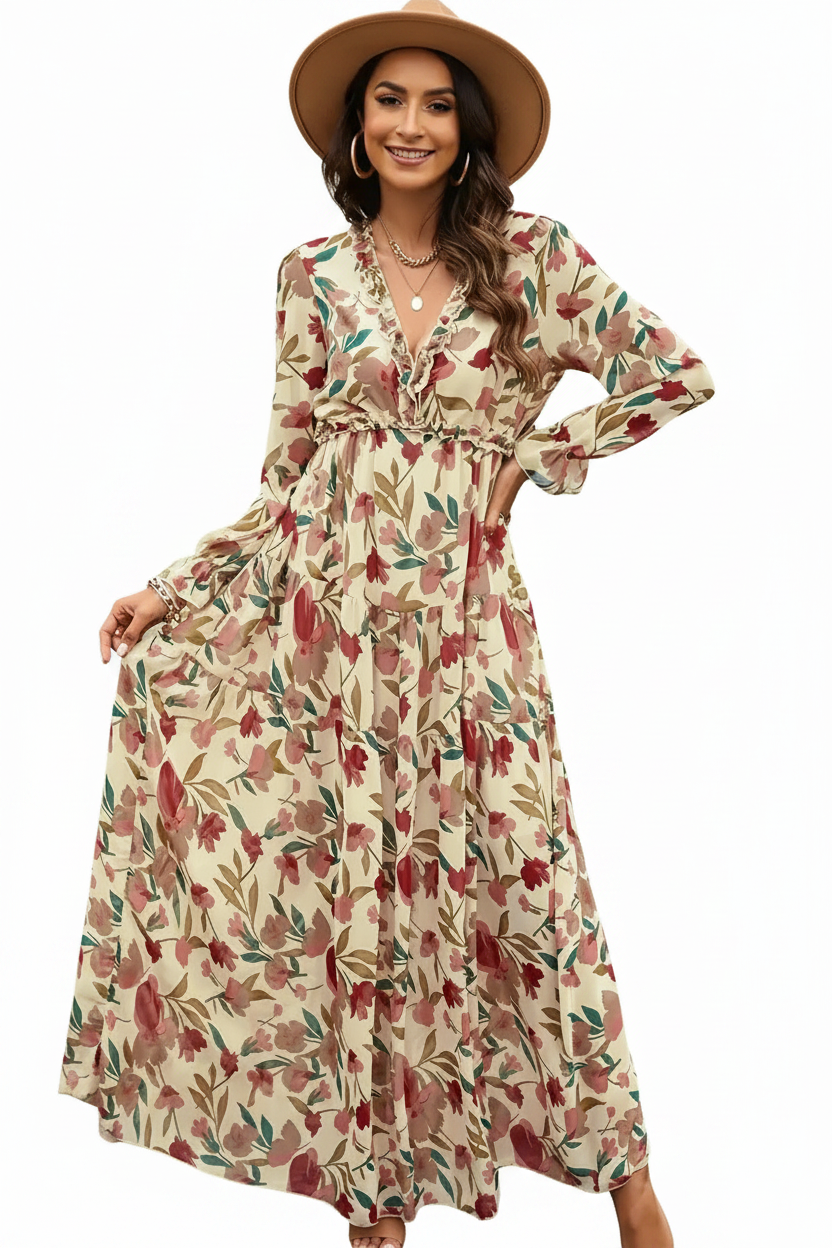 Women’s Long Sleeve Maxi Dress with V-Neck and Tiered Floral Print Skirt