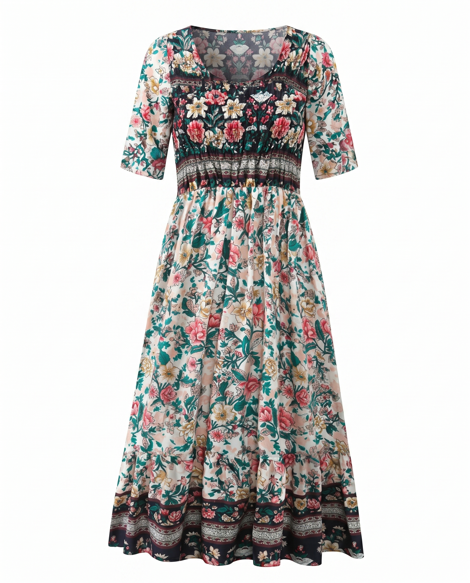 GRACIE | ELEGANT BOHO TUMMY-COVERAGE MIDI DRESS